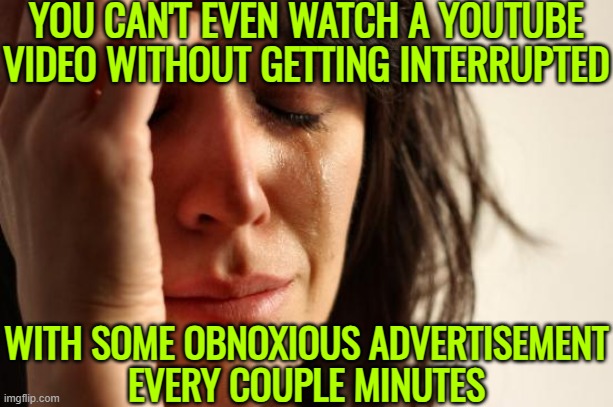 You Can't Even Watch A Youtube Video Without Getting Interrupted With Some Obnoxious Advertisement Every Couple Minutes | YOU CAN'T EVEN WATCH A YOUTUBE VIDEO WITHOUT GETTING INTERRUPTED; WITH SOME OBNOXIOUS ADVERTISEMENT
EVERY COUPLE MINUTES | image tagged in memes,first world problems,scumbag youtube,censorship,corporate greed,youtube ads | made w/ Imgflip meme maker