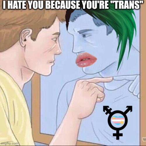 The REAL "trans" phobes | I HATE YOU BECAUSE YOU'RE "TRANS" | image tagged in pointing mirror guy,transvestite,crossdresser,self loathing,transference,mental illness | made w/ Imgflip meme maker