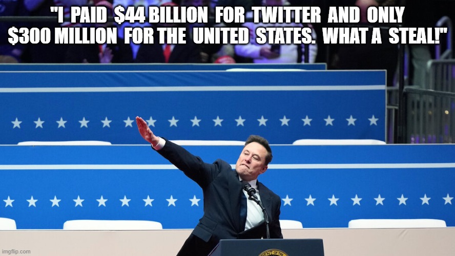Suckers Born Every Minute | "I  PAID  $44 BILLION  FOR  TWITTER  AND  ONLY $300 MILLION  FOR THE  UNITED  STATES.  WHAT A  STEAL!" | image tagged in elon musk | made w/ Imgflip meme maker