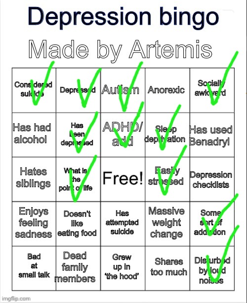 Had it in the rough house for 4 years | image tagged in depression bingo | made w/ Imgflip meme maker