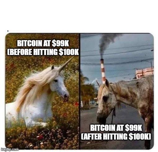 bitcoin $99k | BITCOIN AT $99K
(BEFORE HITTING $100K; BITCOIN AT $99K
(AFTER HITTING $100K) | image tagged in unicorn before and after,crypto,funny,funny memes,memes,before and after | made w/ Imgflip meme maker