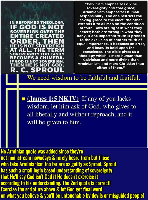Become Untouchable With James 1:5 | No Arminian quote was added since they're not mainstream nowadays & rarely heard from but those who take Arminianism too far are as guilty as Sproul. Sproul has such a small logic based understanding of sovereignty that He'll say God isn't God if He doesn't exercise it according to his understanding. The 2nd quote is correct! Exercise the scripture above & let God get final word on what you believe & you'll be untouchable by devils or misguided people! | image tagged in calvinism,arminian,molinism,untouchable,bible verse of the day,logic only vs holy spirit inspired | made w/ Imgflip meme maker