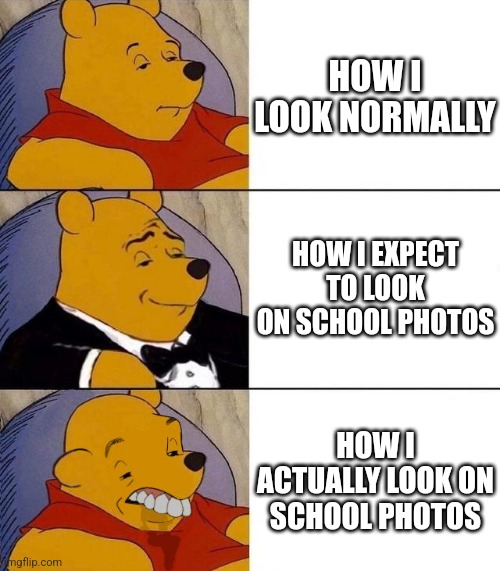 True | HOW I LOOK NORMALLY; HOW I EXPECT TO LOOK ON SCHOOL PHOTOS; HOW I ACTUALLY LOOK ON SCHOOL PHOTOS | image tagged in best better blurst | made w/ Imgflip meme maker