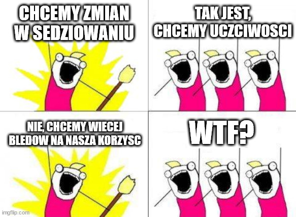 What Do We Want Meme | CHCEMY ZMIAN W SEDZIOWANIU; TAK JEST, CHCEMY UCZCIWOSCI; WTF? NIE, CHCEMY WIECEJ BLEDOW NA NASZA KORZYSC | image tagged in memes,what do we want | made w/ Imgflip meme maker