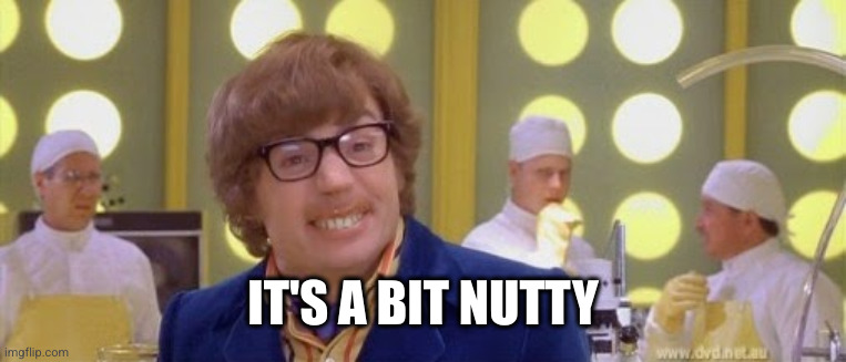 Austin Powers It's a bit nutty | IT'S A BIT NUTTY | image tagged in austin powers it's a bit nutty | made w/ Imgflip meme maker