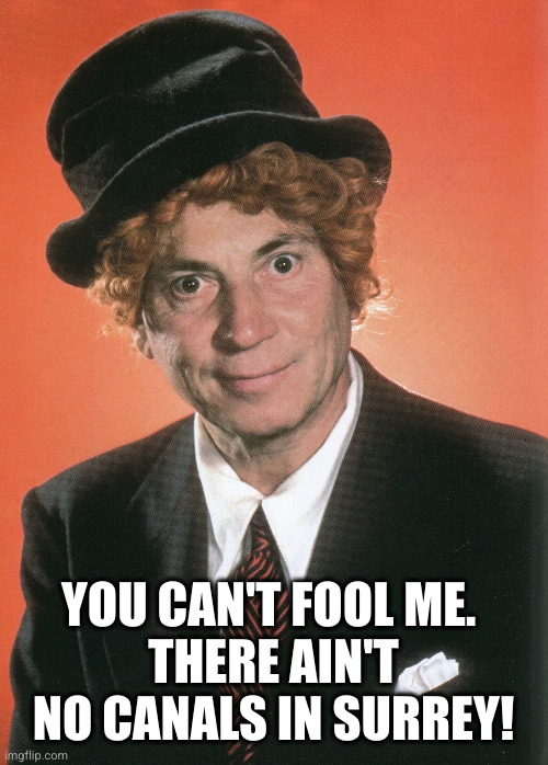 Harpo | YOU CAN'T FOOL ME. 
THERE AIN'T NO CANALS IN SURREY! | image tagged in harpo | made w/ Imgflip meme maker