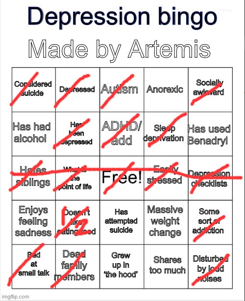 Depression bingo | image tagged in depression bingo | made w/ Imgflip meme maker