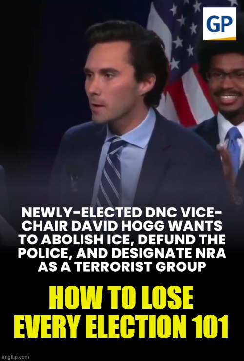 Republicans win 2026 in epic landslide victory | HOW TO LOSE EVERY ELECTION 101 | image tagged in david hogg,dnc,nra,ice,police,maga | made w/ Imgflip meme maker