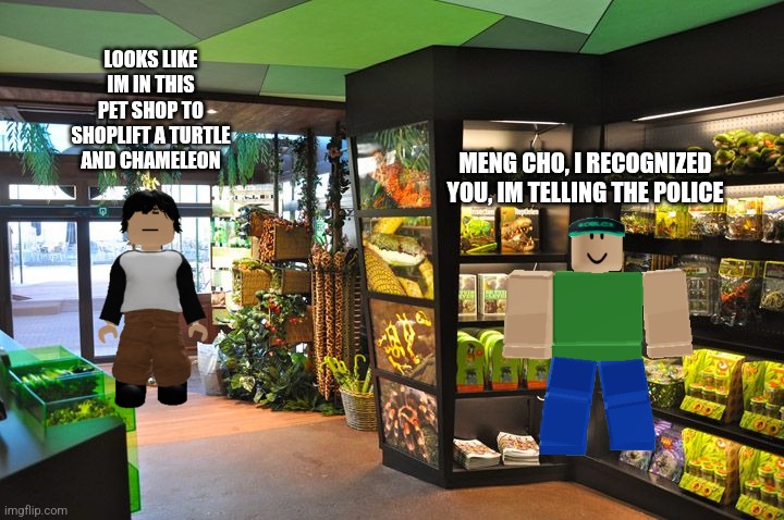 When meng cho finally enters mendelevian reptiles | LOOKS LIKE IM IN THIS PET SHOP TO SHOPLIFT A TURTLE AND CHAMELEON; MENG CHO, I RECOGNIZED YOU, IM TELLING THE POLICE | image tagged in mendelevian reptiles feeds/other supplies stall w/exit | made w/ Imgflip meme maker