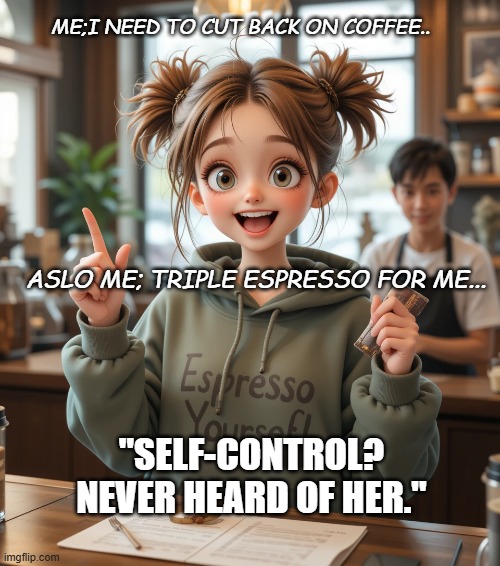 "Self-control? Never heard of her." ?☕ | ME;I NEED TO CUT BACK ON COFFEE.. ASLO ME; TRIPLE ESPRESSO FOR ME... "SELF-CONTROL? 
NEVER HEARD OF HER." | image tagged in chummy vibes | made w/ Imgflip meme maker