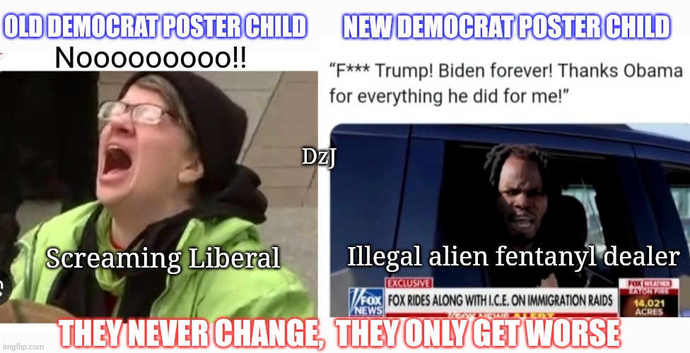 DEM POSTER CHILD | NEW DEMOCRAT POSTER CHILD; OLD DEMOCRAT POSTER CHILD; Nooooooooo!! DzJ; Illegal alien fentanyl dealer; Screaming Liberal; THEY NEVER CHANGE,  THEY ONLY GET WORSE | image tagged in libtards,losers,illegal aliens,criminals,butthurt liberals,finished | made w/ Imgflip meme maker