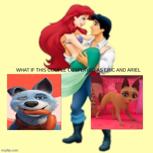 if roger and belle cosplayed as eric and ariel | image tagged in little mermaid template | made w/ Imgflip meme maker