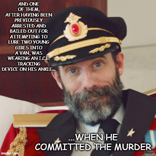 AND ONE OF THEM, AFTER HAVING BEEN PREVIOUSLY ARRESTED AND BAILED OUT FOR ATTEMPTING TO LURE TWO YOUNG GIRLS INTO A VAN, WAS WEARING AN I.C. | image tagged in captain obvious | made w/ Imgflip meme maker