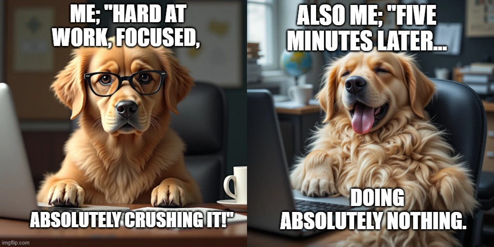 doing absolutely nothing. | ME; "HARD AT WORK, FOCUSED, ALSO ME; "FIVE MINUTES LATER…; DOING ABSOLUTELY NOTHING. ABSOLUTELY CRUSHING IT!" | image tagged in chammy | made w/ Imgflip meme maker