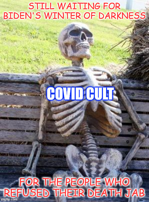 Waiting Skeleton Meme | STILL WAITING FOR BIDEN'S WINTER OF DARKNESS FOR THE PEOPLE WHO REFUSED THEIR DEATH JAB COVID CULT | image tagged in memes,waiting skeleton | made w/ Imgflip meme maker