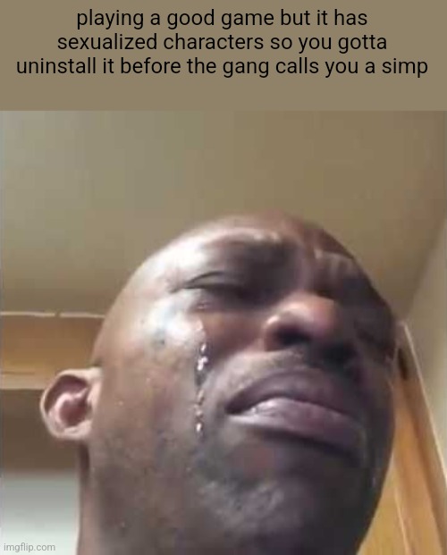 Crying guy meme | playing a good game but it has sexualized characters so you gotta uninstall it before the gang calls you a simp | image tagged in crying guy meme | made w/ Imgflip meme maker