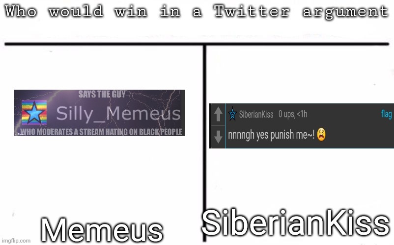 Pitting random mfs against each other | SiberianKiss; Memeus | image tagged in pitting random mfs against each other,msmg,memes | made w/ Imgflip meme maker