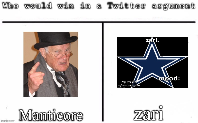 Pitting random mfs against each other | zari; Manticore | image tagged in pitting random mfs against each other | made w/ Imgflip meme maker
