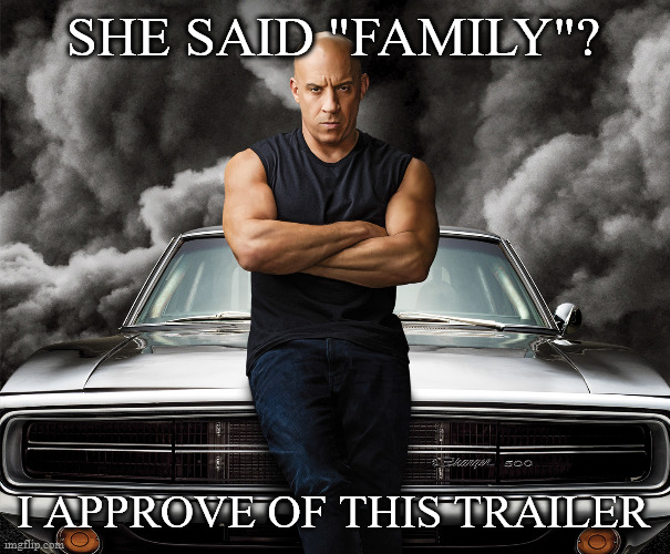 Dominic Toretto | SHE SAID "FAMILY"? I APPROVE OF THIS TRAILER | image tagged in dominic toretto | made w/ Imgflip meme maker