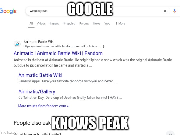 ANIMATIC BATTLE IS PEAK | GOOGLE; KNOWS PEAK | image tagged in animatic,battle | made w/ Imgflip meme maker