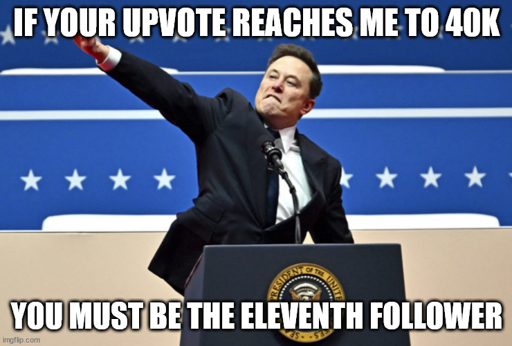 so fun not fun, frontpage | IF YOUR UPVOTE REACHES ME TO 40K; YOU MUST BE THE ELEVENTH FOLLOWER | image tagged in nazi elon,evryone should follow pander at new icon | made w/ Imgflip meme maker