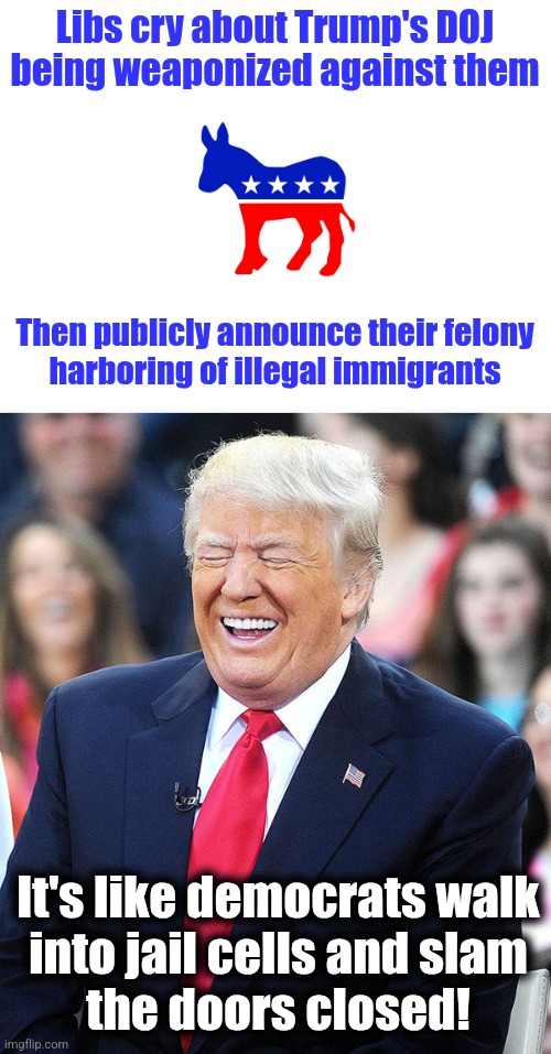 democrats outlawing their own party | Libs cry about Trump's DOJ
being weaponized against them; Then publicly announce their felony
harboring of illegal immigrants; It's like democrats walk
into jail cells and slam
the doors closed! | image tagged in trump laughing,memes,doj,democrats,illegal immigrants | made w/ Imgflip meme maker