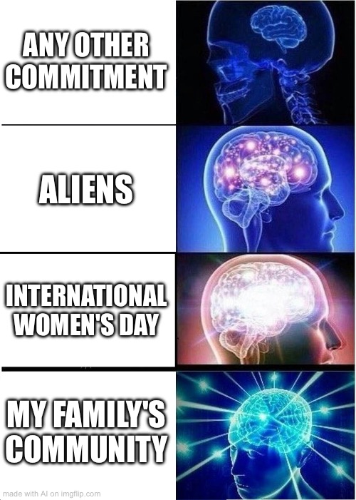 Expanding Brain | ANY OTHER COMMITMENT; ALIENS; INTERNATIONAL WOMEN'S DAY; MY FAMILY'S COMMUNITY | image tagged in memes,expanding brain | made w/ Imgflip meme maker