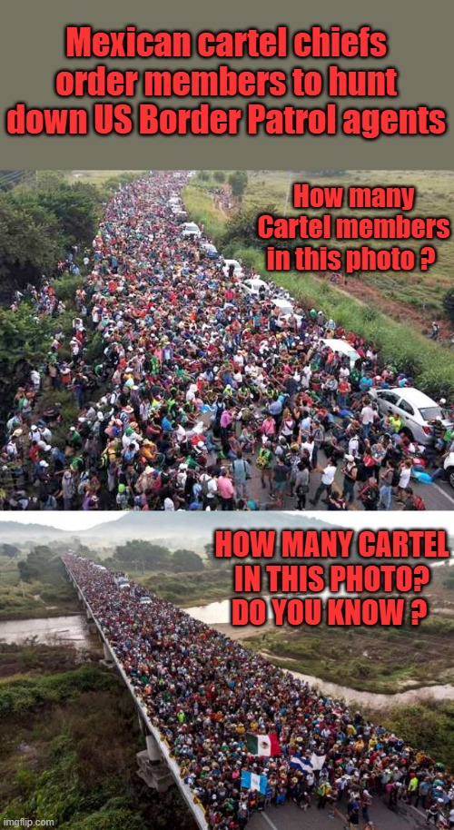 They just want to work, and have a better life at the expense of your better life.Well do you know ? | Mexican cartel chiefs order members to hunt down US Border Patrol agents; How many Cartel members in this photo ? HOW MANY CARTEL IN THIS PHOTO? DO YOU KNOW ? | made w/ Imgflip meme maker
