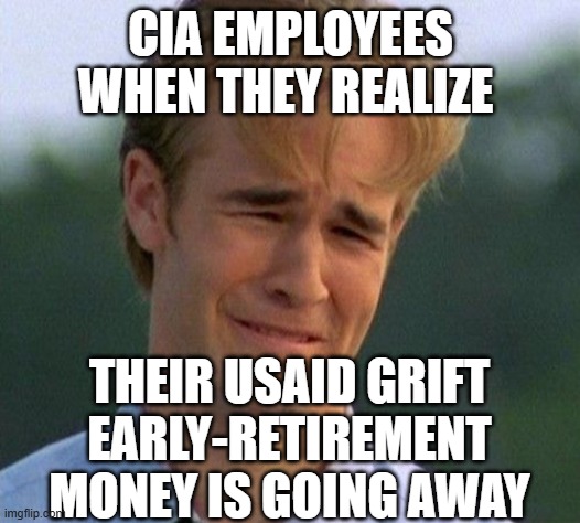 poor spies | CIA EMPLOYEES WHEN THEY REALIZE; THEIR USAID GRIFT EARLY-RETIREMENT MONEY IS GOING AWAY | image tagged in memes,1990s first world problems | made w/ Imgflip meme maker