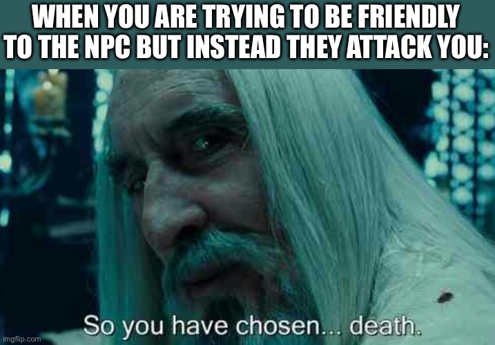 So you have chosen death | WHEN YOU ARE TRYING TO BE FRIENDLY TO THE NPC BUT INSTEAD THEY ATTACK YOU: | image tagged in so you have chosen death,funny memes,original meme,lol so funny | made w/ Imgflip meme maker