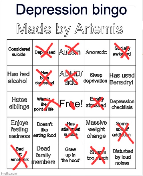 Depression bingo | image tagged in depression bingo | made w/ Imgflip meme maker