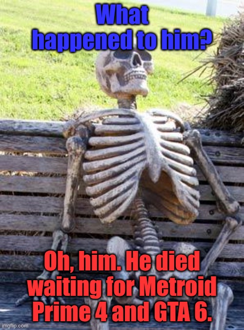 It's been decades. | What happened to him? Oh, him. He died waiting for Metroid Prime 4 and GTA 6. | image tagged in memes,waiting skeleton | made w/ Imgflip meme maker