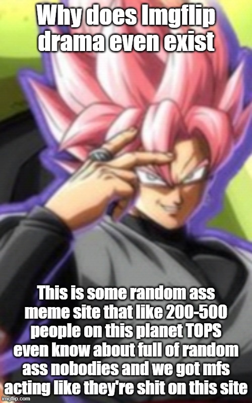 Smart goku black | Why does Imgflip drama even exist; This is some random ass meme site that like 200-500 people on this planet TOPS even know about full of random ass nobodies and we got mfs acting like they're shit on this site | image tagged in smart goku black | made w/ Imgflip meme maker