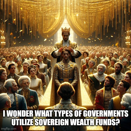 crowning trump king | I WONDER WHAT TYPES OF GOVERNMENTS UTILIZE SOVEREIGN WEALTH FUNDS? | image tagged in crowning trump king | made w/ Imgflip meme maker