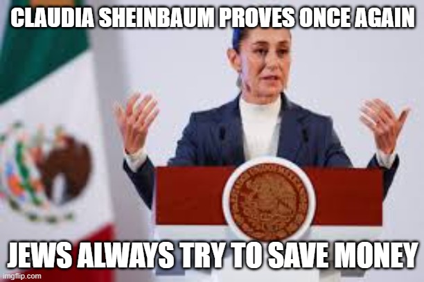 Claudia sheinbaum | CLAUDIA SHEINBAUM PROVES ONCE AGAIN JEWS ALWAYS TRY TO SAVE MONEY | image tagged in claudia sheinbaum | made w/ Imgflip meme maker