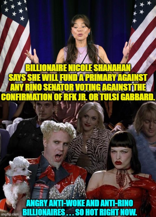 Patriotic billionaires.  Who knew? | BILLIONAIRE NICOLE SHANAHAN SAYS SHE WILL FUND A PRIMARY AGAINST ANY RINO SENATOR VOTING AGAINST THE CONFIRMATION OF RFK JR. OR TULSI GABBARD. ANGRY ANTI-WOKE AND ANTI-RINO BILLIONAIRES . . . SO HOT RIGHT NOW. | image tagged in mugatu so hot right now | made w/ Imgflip meme maker