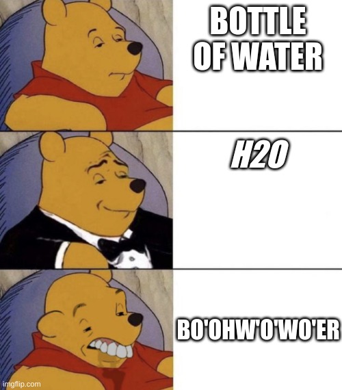 Water | BOTTLE OF WATER; H2O; BO'OHW'O'WO'ER | image tagged in whinnie the poo normal fancy gross | made w/ Imgflip meme maker