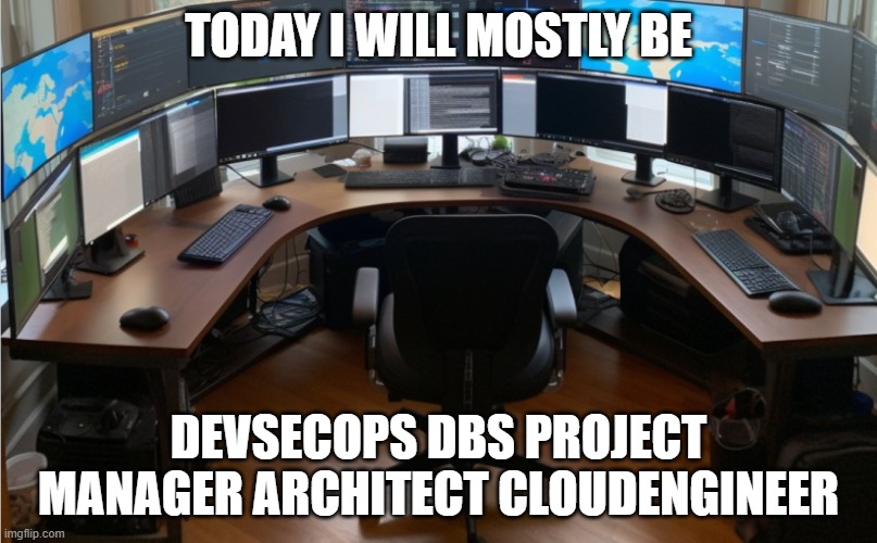 POV: when your CV doesn't match LinkedIn | TODAY I WILL MOSTLY BE; DEVSECOPS DBS PROJECT MANAGER ARCHITECT CLOUDENGINEER | image tagged in remote working | made w/ Imgflip meme maker