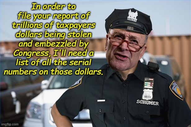 When criminal lawyers are writing the laws, expect the criminal lawyers to get away with it. | In order to file your report of trillions of taxpayers dollars being stolen and embezzled by Congress, I'll need a list of all the serial numbers on those dollars. SCHUMER | image tagged in police officer | made w/ Imgflip meme maker