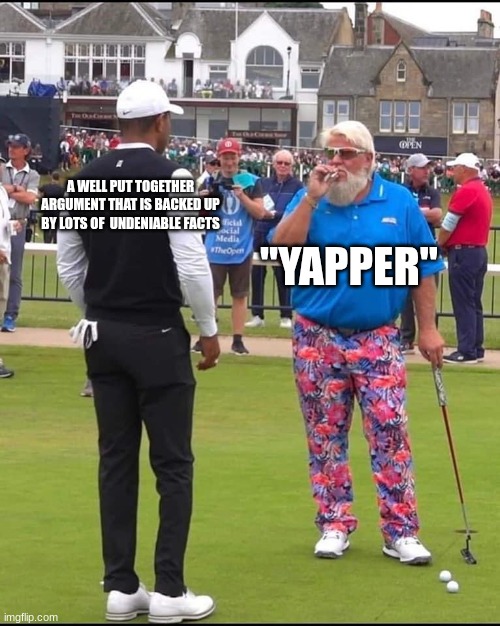 bros a yapper fr | A WELL PUT TOGETHER ARGUMENT THAT IS BACKED UP BY LOTS OF  UNDENIABLE FACTS; "YAPPER" | image tagged in john daly and tiger woods | made w/ Imgflip meme maker