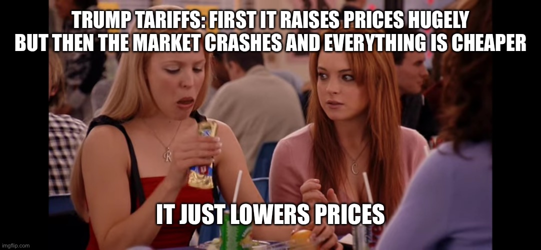 TrumpTariffs | TRUMP TARIFFS: FIRST IT RAISES PRICES HUGELY BUT THEN THE MARKET CRASHES AND EVERYTHING IS CHEAPER; IT JUST LOWERS PRICES | image tagged in it really works | made w/ Imgflip meme maker