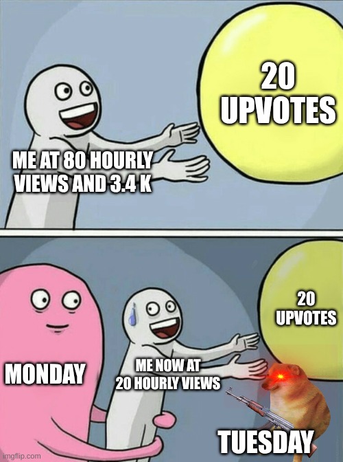 ME AT 80 HOURLY VIEWS AND 3.4 K 20 UPVOTES MONDAY ME NOW AT 20 HOURLY VIEWS 20 UPVOTES TUESDAY | image tagged in memes,running away balloon | made w/ Imgflip meme maker