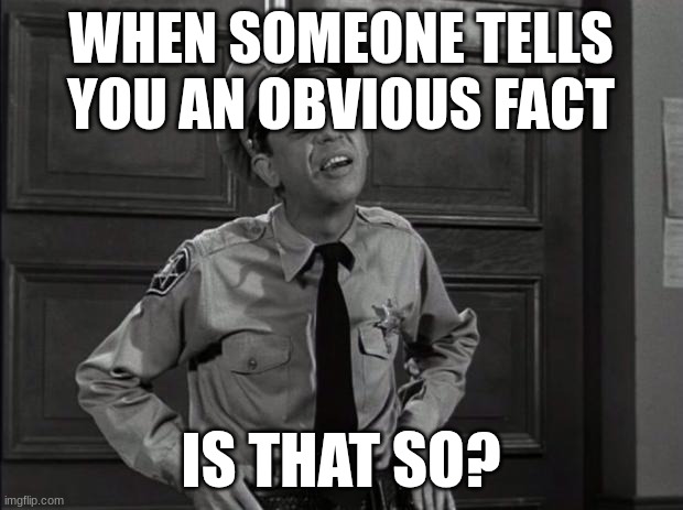 Barney Fife | WHEN SOMEONE TELLS YOU AN OBVIOUS FACT; IS THAT SO? | image tagged in barney fife | made w/ Imgflip meme maker