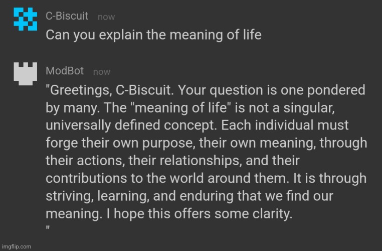 Modbot explains the meaning of life | made w/ Imgflip meme maker