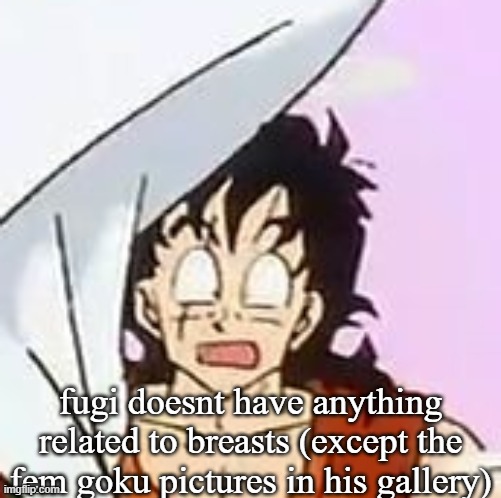 whajajhajajjajdjhaakjshajaa?????!????$?×??#?$**×??? | fugi doesnt have anything related to breasts (except the fem goku pictures in his gallery) | image tagged in whajajhajajjajdjhaakjshajaa | made w/ Imgflip meme maker