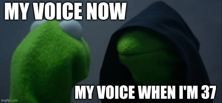 Evil Kermit | MY VOICE NOW; MY VOICE WHEN I'M 37 | image tagged in memes,evil kermit | made w/ Imgflip meme maker