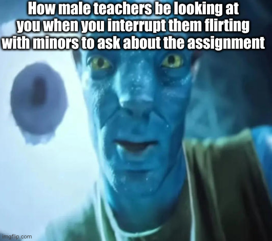 is bro doing both jobs ?? | How male teachers be looking at you when you interrupt them flirting with minors to ask about the assignment | image tagged in avatar stare,teachers,pedophile,uh oh,school,funny | made w/ Imgflip meme maker