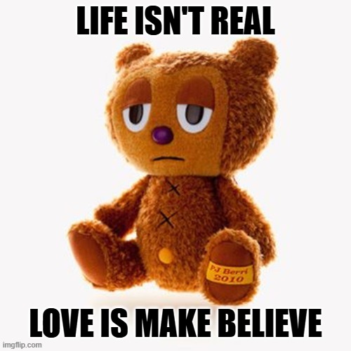 Pj plush | LIFE ISN'T REAL; LOVE IS MAKE BELIEVE | image tagged in pj plush | made w/ Imgflip meme maker