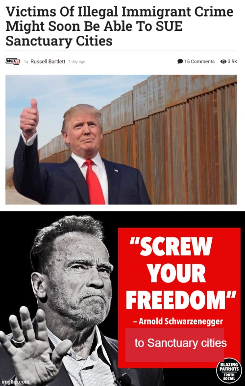 Wow, Arnold is Out of Control | to Sanctuary cities | image tagged in sanctuary cities | made w/ Imgflip meme maker