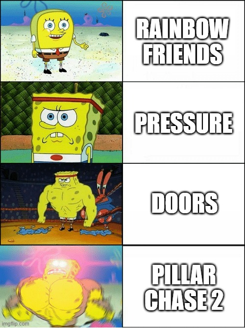 Pillar Chase 2 beats all of the rest | RAINBOW FRIENDS; PRESSURE; DOORS; PILLAR CHASE 2 | image tagged in sponge finna commit muder | made w/ Imgflip meme maker